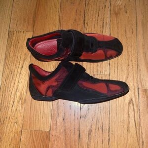 Women’s Gucci black suede and red nylon sneakers